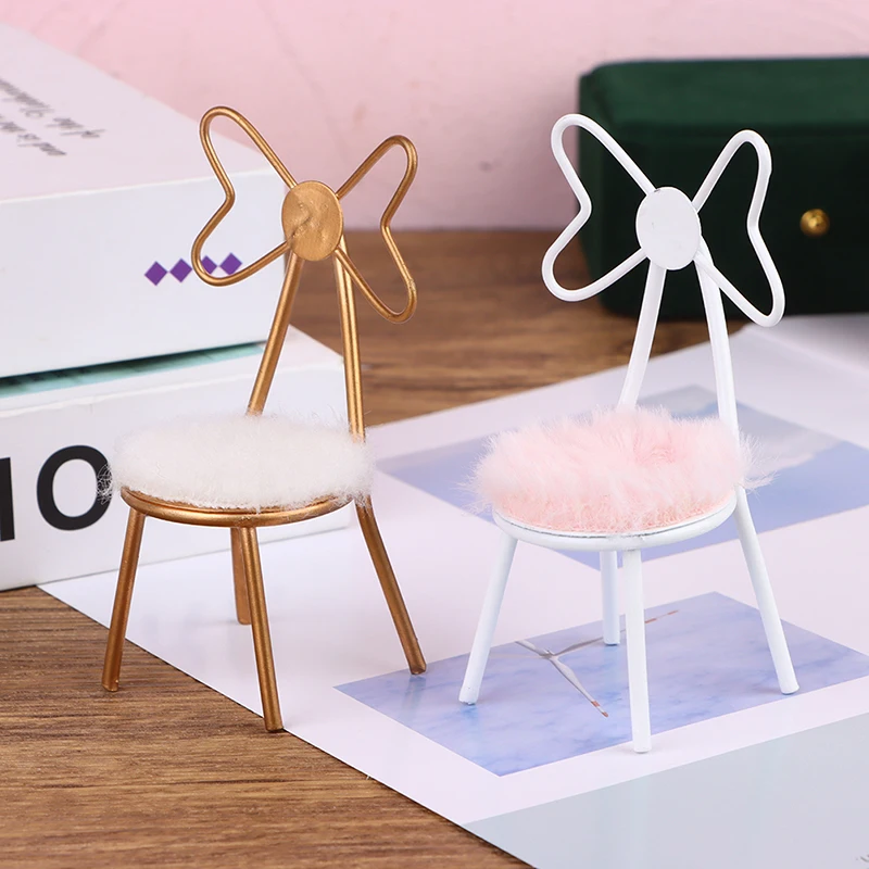 1:12 Dollhouse Miniature Chair Metal Butterfly Chair With Plush Cushion Simulation Furniture Model For Doll House Decor Toy