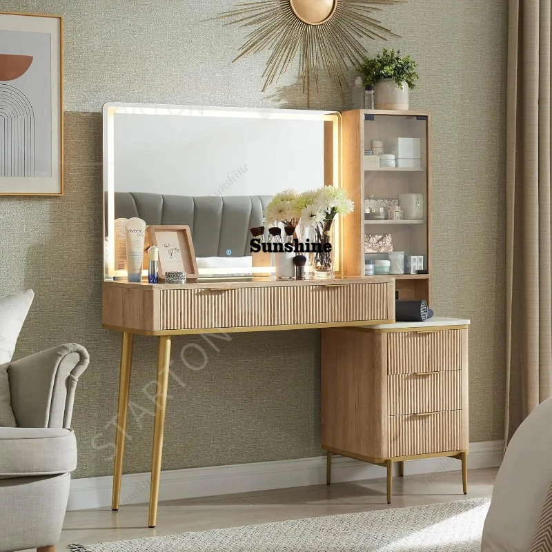 

Big Modern Fluted Glass Top Vanity Desk Dressing Table with Lighted Mirror