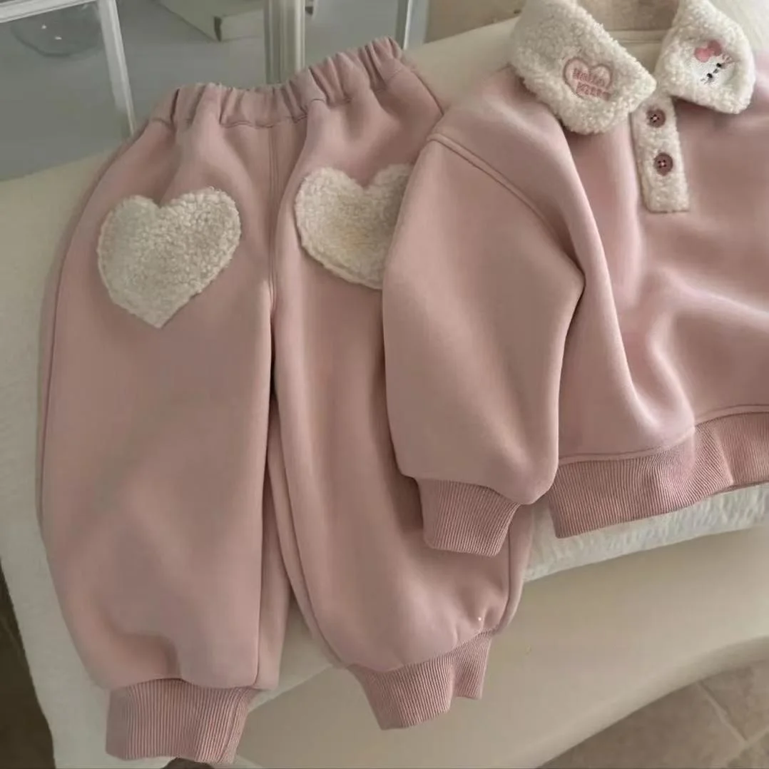 طقم بناتي خريفي شتوي على الطراز الكوري، سترة مبطنة بالصوف مع ياقة مطرزة وبنطلون من قماش الفرو الناعم، طقم من قطعتين #4