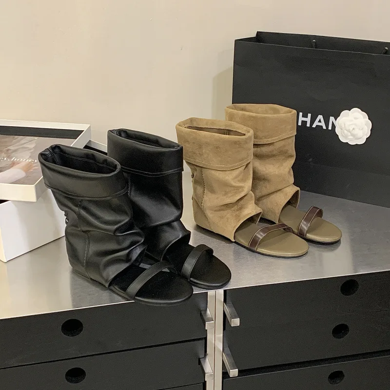 Women's Shoes Pile Up Cool Boots Summer New Inner Height Increase Shoes Women Designer Exposed Toes Sandals Pleated  Ankle Boots