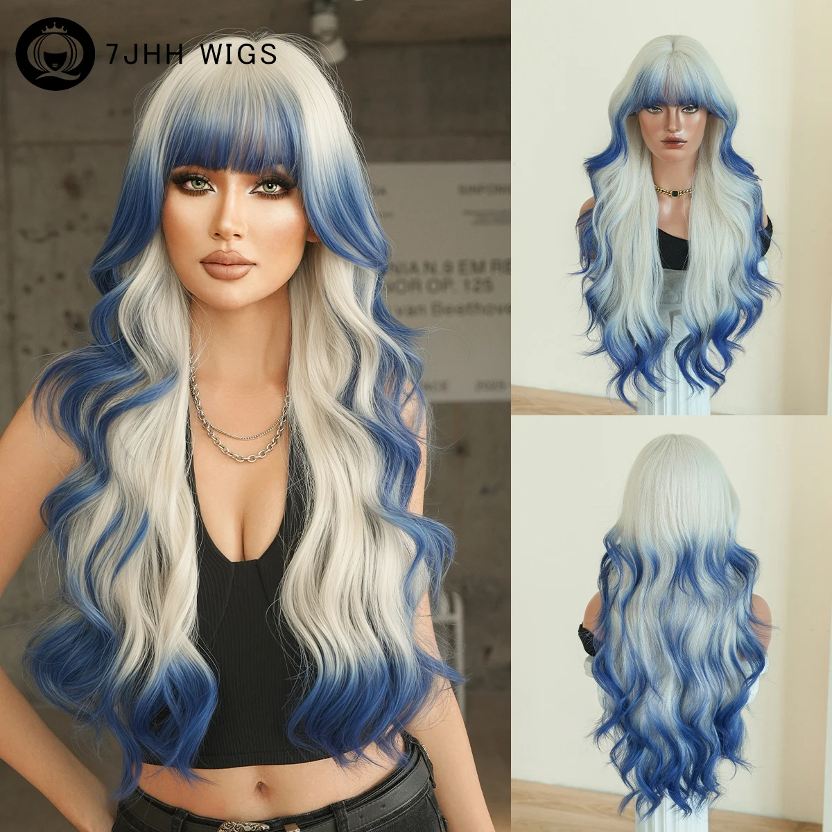 7JHH WIGS Lange gewellte weiße Ombre-Blau-Perücke für Damen, synthetische, elegante, modische Perücke zum sofortigen Tragen, weiße Perücken mit ordentlichem Pony