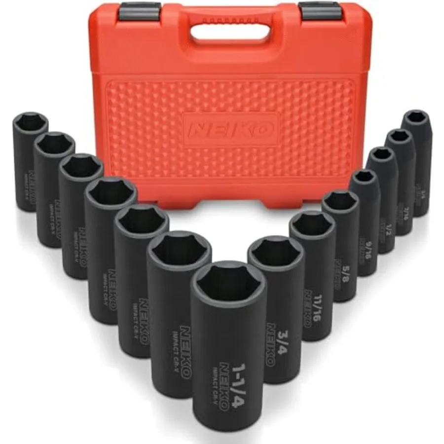

02476A 1/2" Impact Socket Set 14 Piece 6 Point Impact Set Standard Impact Socket Set SAE Sizes 3/8-Inch to 1-1/14" Cr-V Steel D