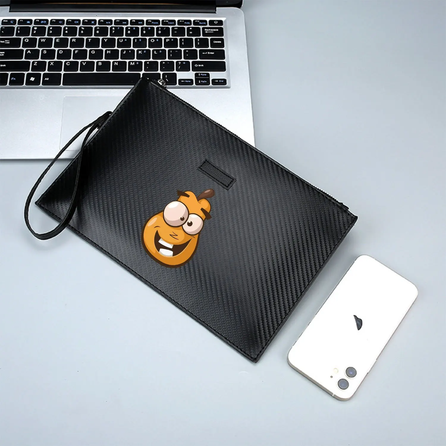 Divertente cartone animato di frutta arancione faccia felice Elegante borsa da uomo stampata in PU Alla moda e pratica per il trasporto quotidiano