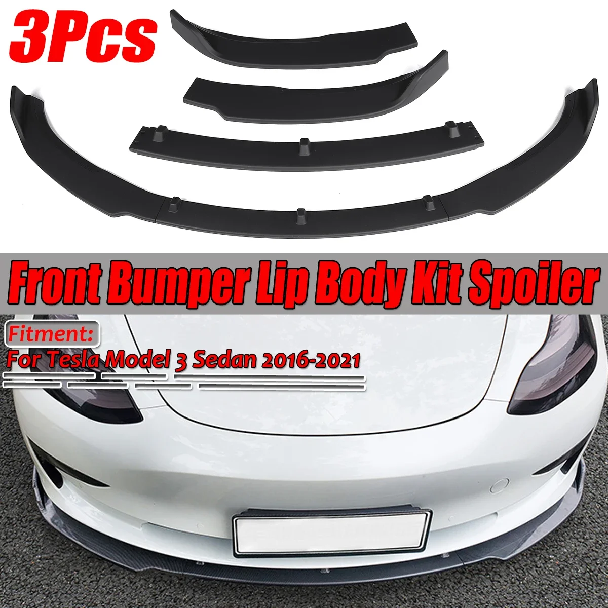 

New 3Pcs Carbon Fiber Look/Black Car Front Bumper Splitter Lip Body Kit Spoiler Diffuser Guard For Tesla Model 3 Sedan 2016-2021