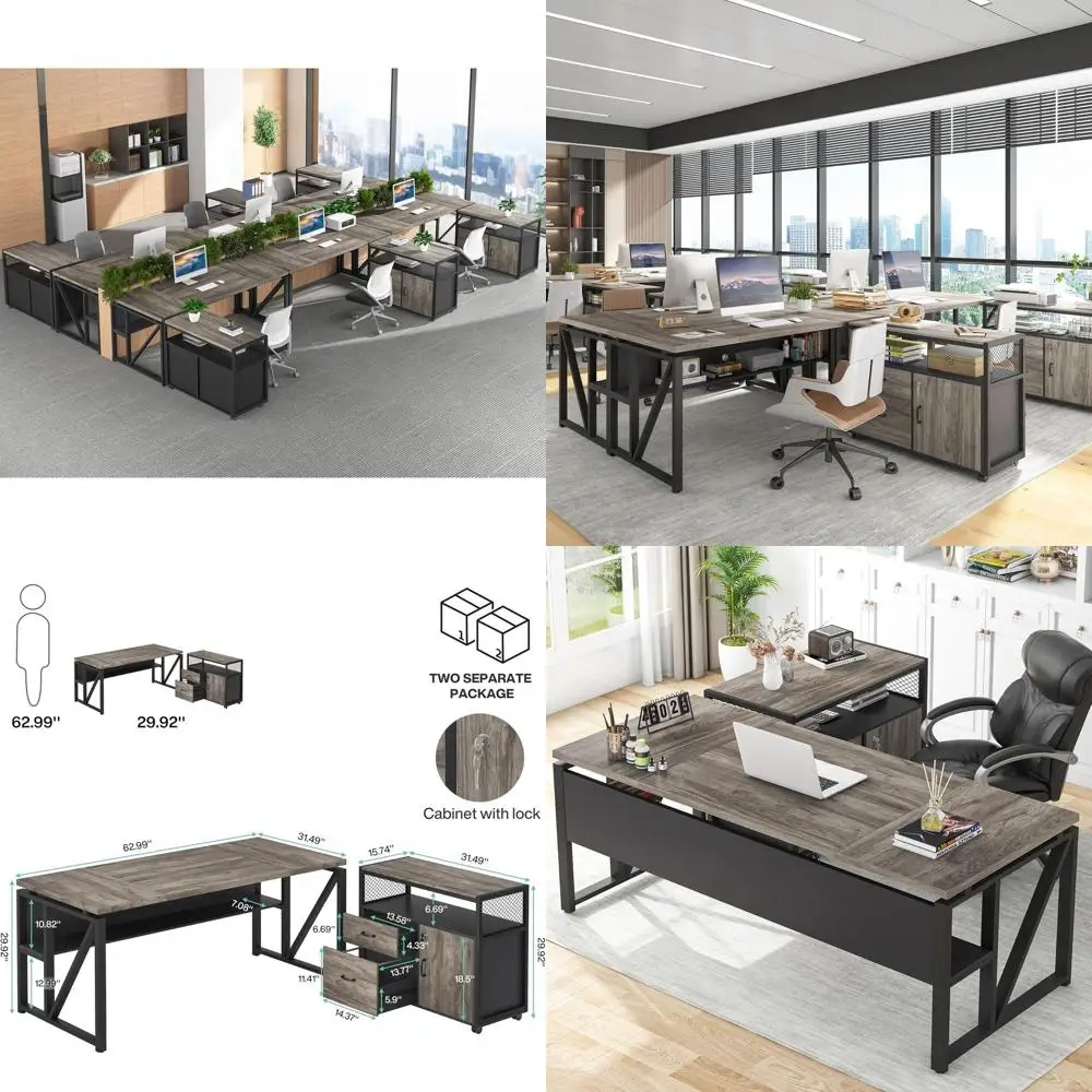 

Серый L-образный стол 63 с ящиками и навесной секцией для домашнего офиса