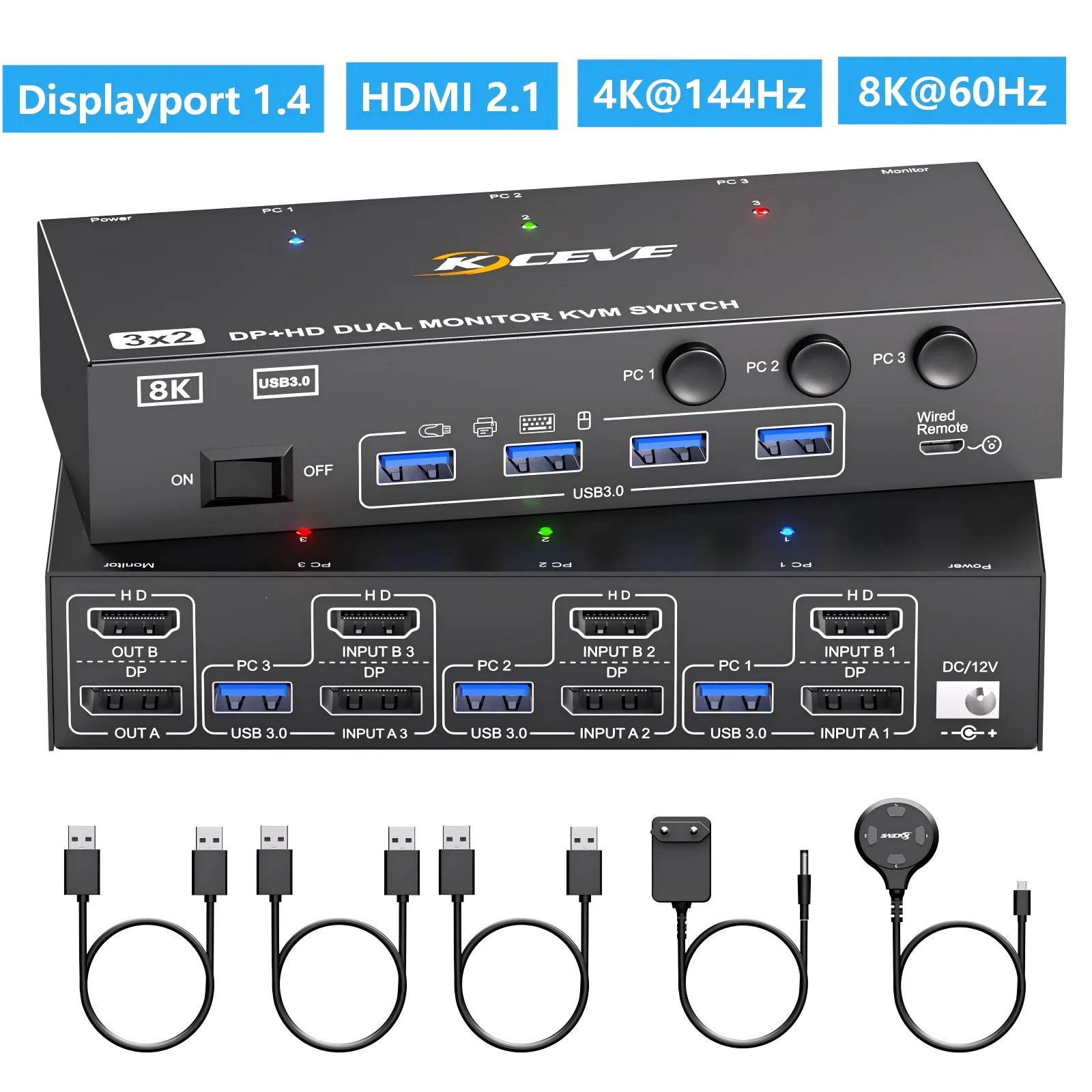 

8K@60Hz HDMI DisplayPort Dual Monitors KVM Switch,KCEVE KVM Switch 2/3/4 PC Sharing 2 Monitors and 4 USB Devices Keyboard Mouse