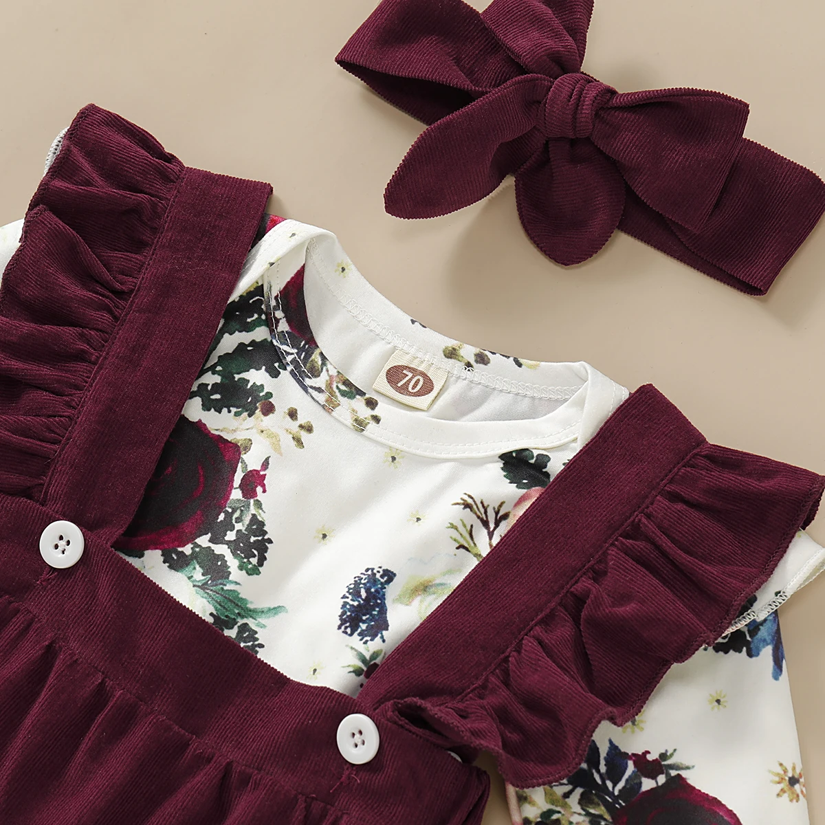 Newborn Baby Girl Clothes Set Floral Long Sleeve Romper Suspender  Ruffle Dress and Bowknot Headband 3Pcs Outfit for 0-18 Months