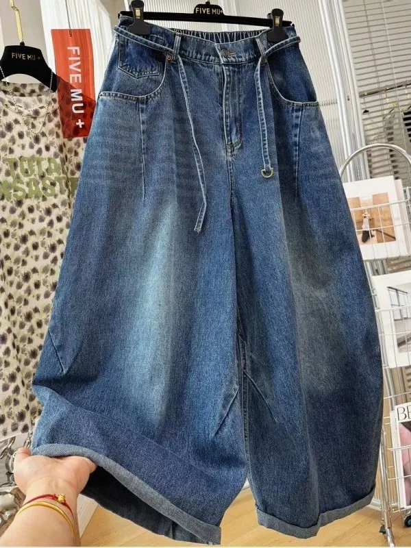 Calças Jeans Casuais de Perna Larga Estilo Coreano Plus Size, Retrô Único, Caimento Solto, Calças Longas de Verão para Homens...