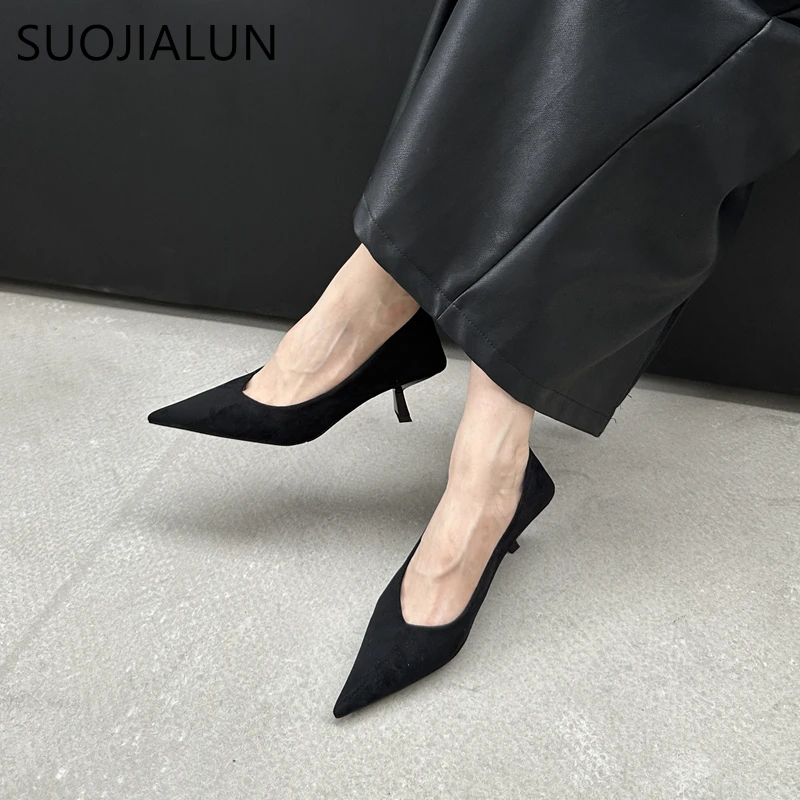 SUOJIALUN 2024 Autumn Pointed Toe Women Sexy Shallow Slip On Pumps Shoes Fashion Thin High Heel Ladies Elegant Dress Boat Shoes