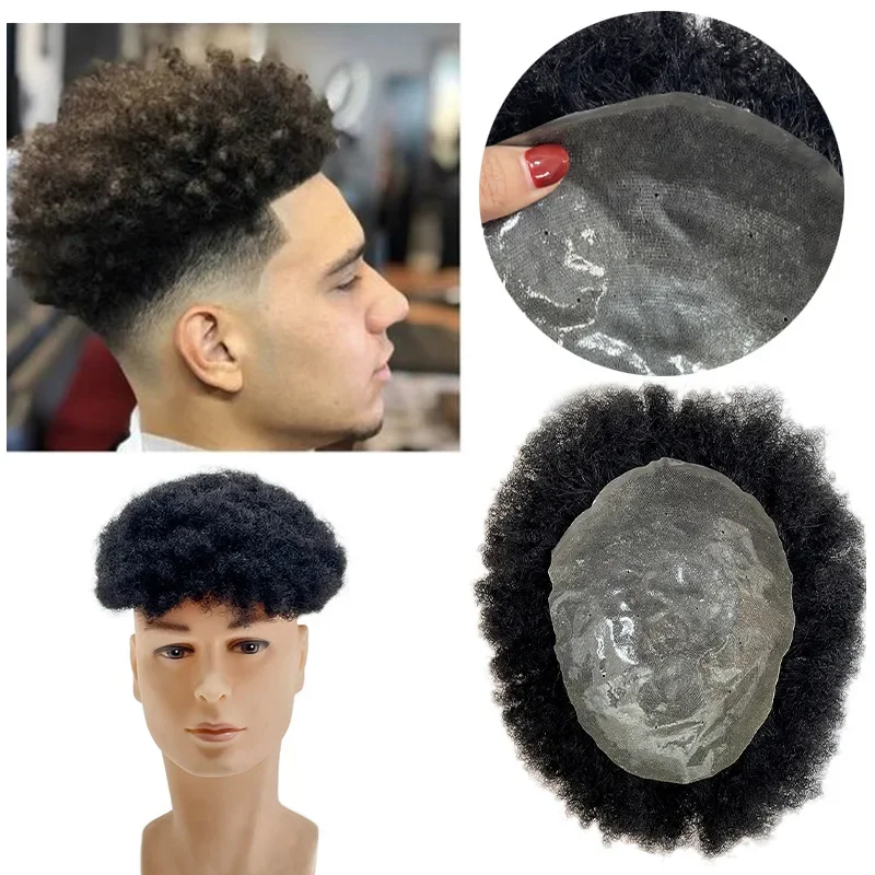 13*18'Curly Human Hair Wigs for Men Thin Skin Male Toupee Human Hair Full PU V-pin Man's Wigs Capillary with Knots Natural Color