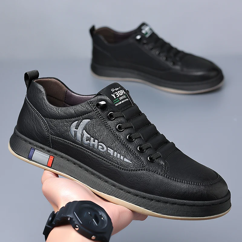 

Men's Autumn New Arrival Black Leather Shoes - Breathable Thick-Sole Stylish Sneakers, Casual & Sporty, Versatile & Lightweight