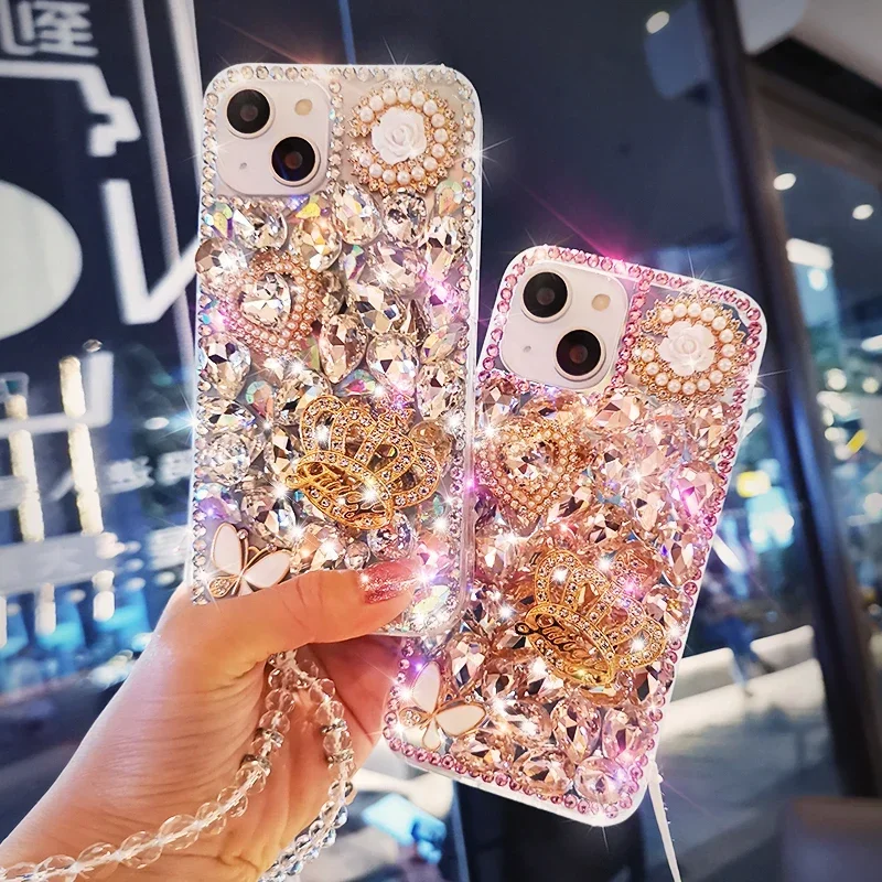 Luxury Crown Diamond Cord Phone Case For Samsung A50 A70S A22 A32 5G A52 A71 4G A51 A72 A73 A53 A33 Cover With Crystal Fundas