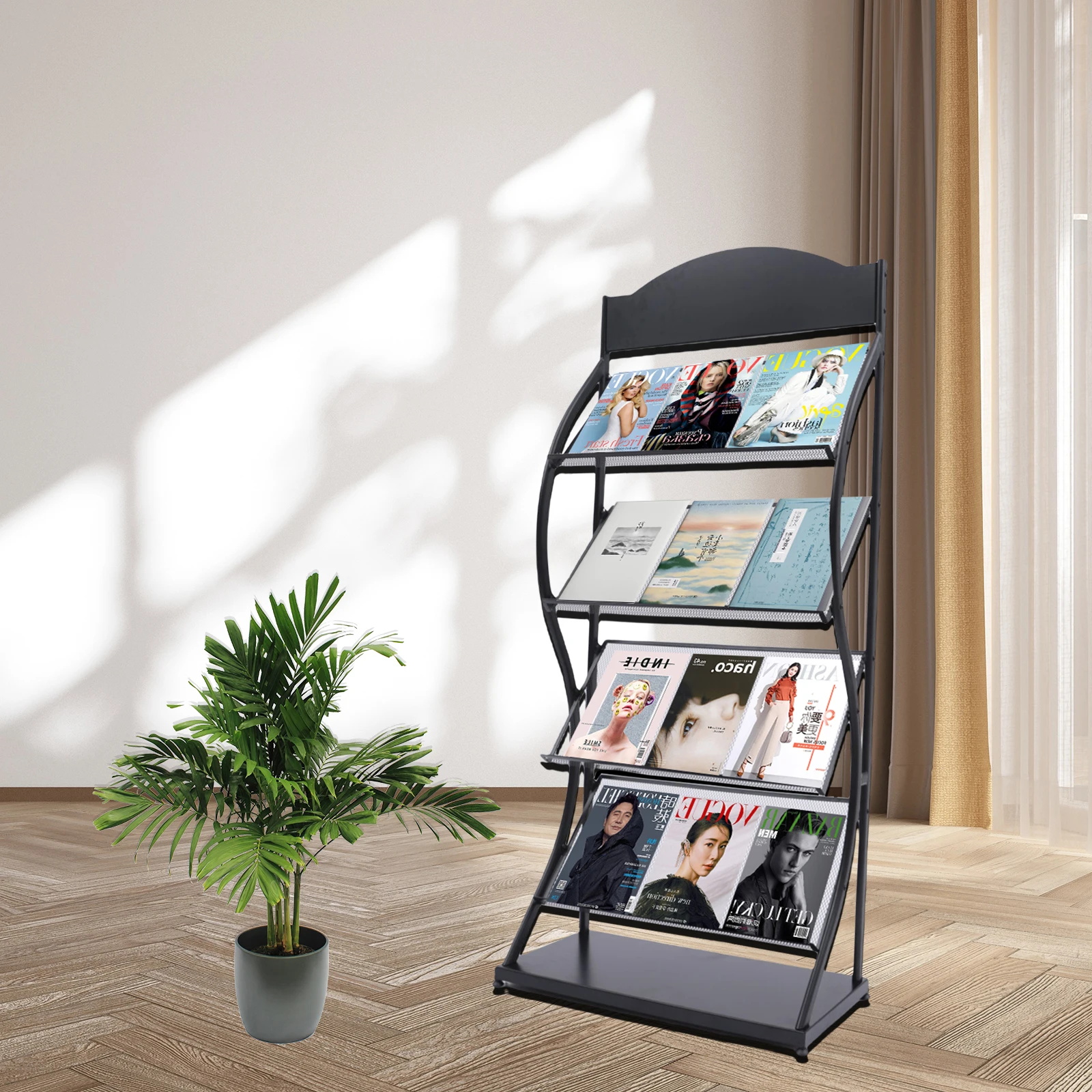 black/white 4 Layers Magazine Storage Display Rack Book Shelf Stand Bottom Shelf  for Reception Areas, Waiting Rooms, Schools