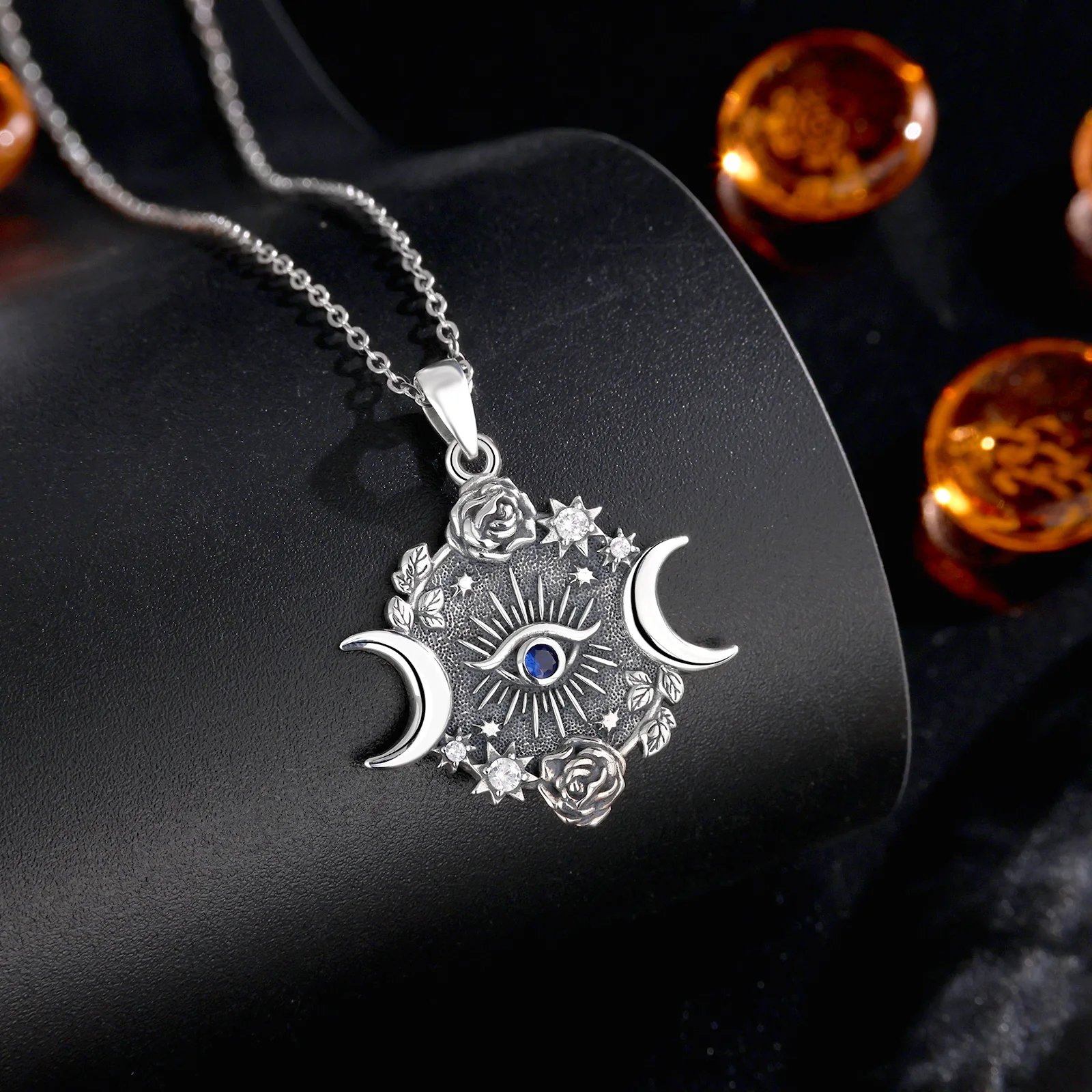 AEONSLOVE 925 Sterling Silver Triple Moon Goddess Necklace Vintage Evil Eye Rose Crescent Pendant Witch Pagan Jewelry for Women