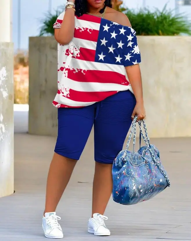 Womens Two Piece Sets Outfit Independence Day Flag Print Short Sleeve Top& Shorts Set New Fashion 2023 Summer Casual Female Suit