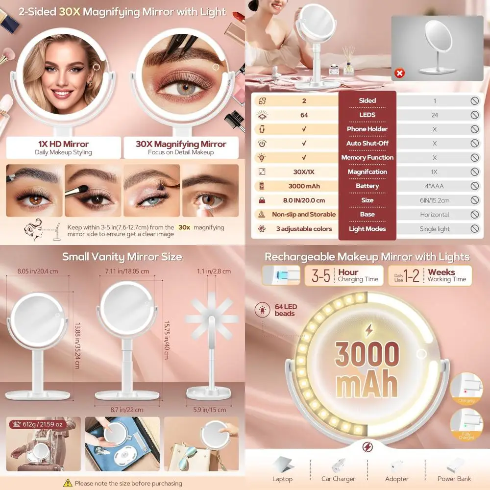 مرآة زينة مضيئة على الوجهين مع تكبير 30 مرة، سطوع قابل للتعديل، وارتفاع للحمام، هدية مثالية للنساء i #1