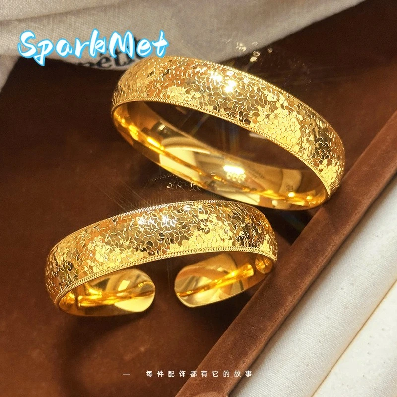 

Sparkmet Light Luxury 9999 24K Real Gold Vintage Retro Women's 14mm Flashing Shattered Bingbing Opening Imperial Concubine Brace