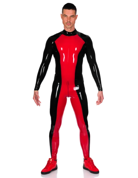 100% Latex Rubber Black&Red Bodysuit Tight Suit polishing Outfit Zip 0.4mm S-XXL