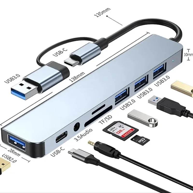 

USB C Hub USB Splitter 8 in 1 USB Extender with 4 USB Port 1 USBC Port TF/SD Card Reader Audio Output Compatible for MacBook