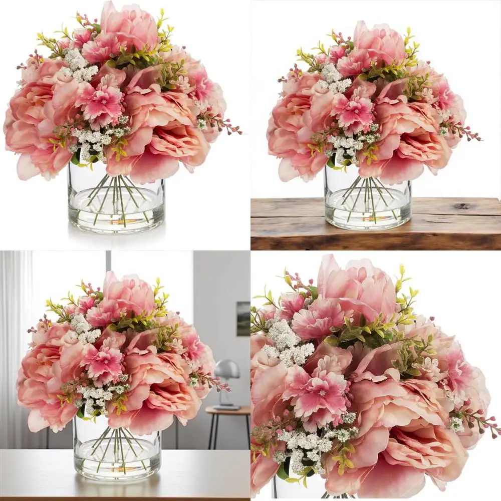 

Enova Floral Artificial Silk Flower Arrangement with Vase - Mixed Peony Flowers for Home and Office Decor