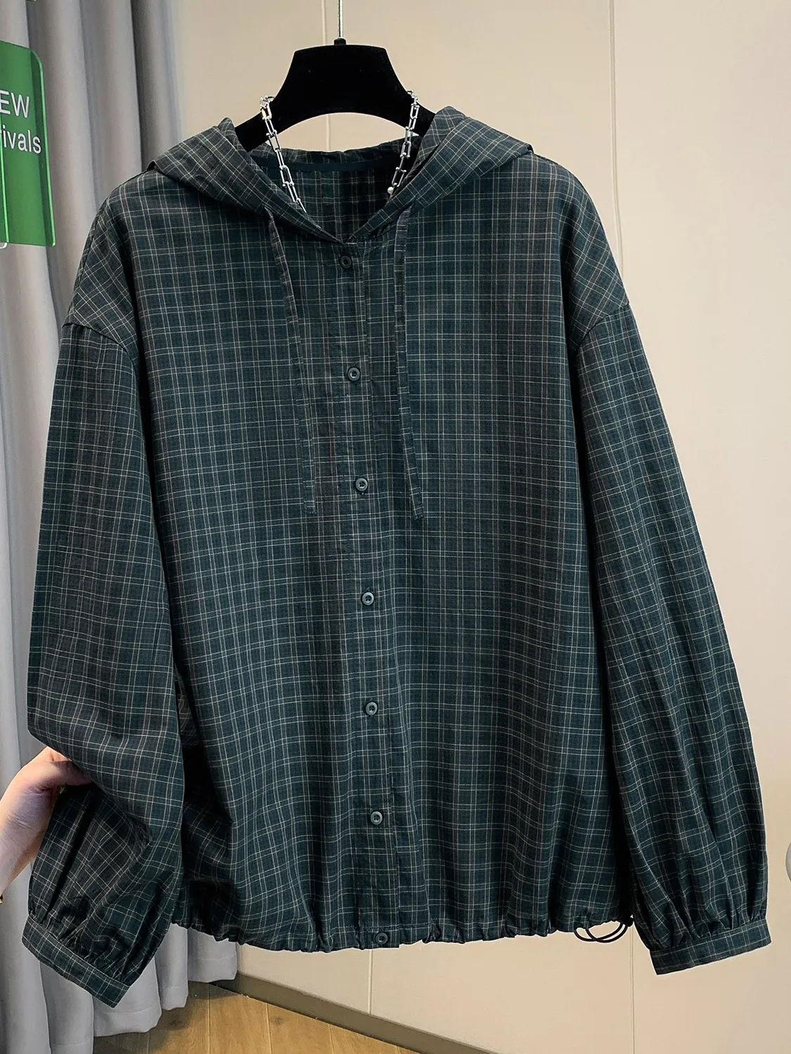 High-End Fashion Pure Cotton Green Plaid Women's Shirt Autumn Drawstring Hem Hooded Large Size Anti-Aging Open Cardigan Top