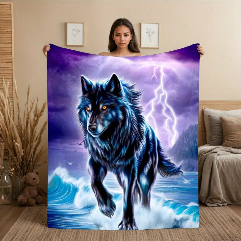 

Wolf & Lightning Storm Blanket - Soft Machine Washable Flannel Throw
