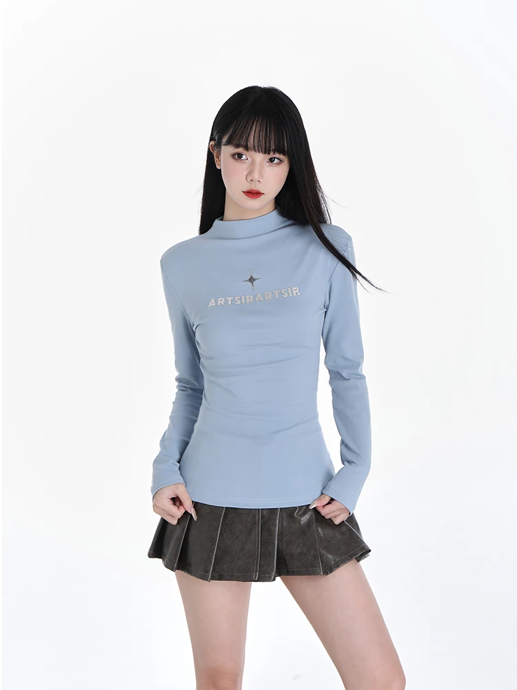 Spicy Girl Half High Collar Long Sleeve Women's Slim Fit Base Shirt Pure Desire Style White Inner Wear T-Shirt Cotton Polyest...