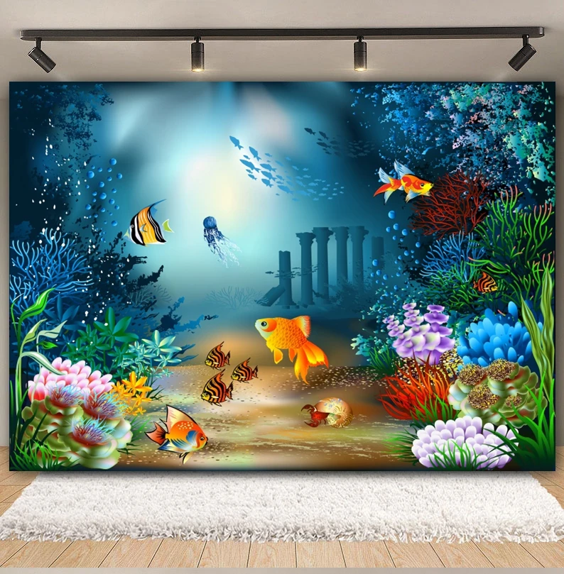 Underwater World Seabed Backdrop Ocean Under The Sea Aquarium Coral Fish Tank Baby Portrait Photography Background Photo Studio