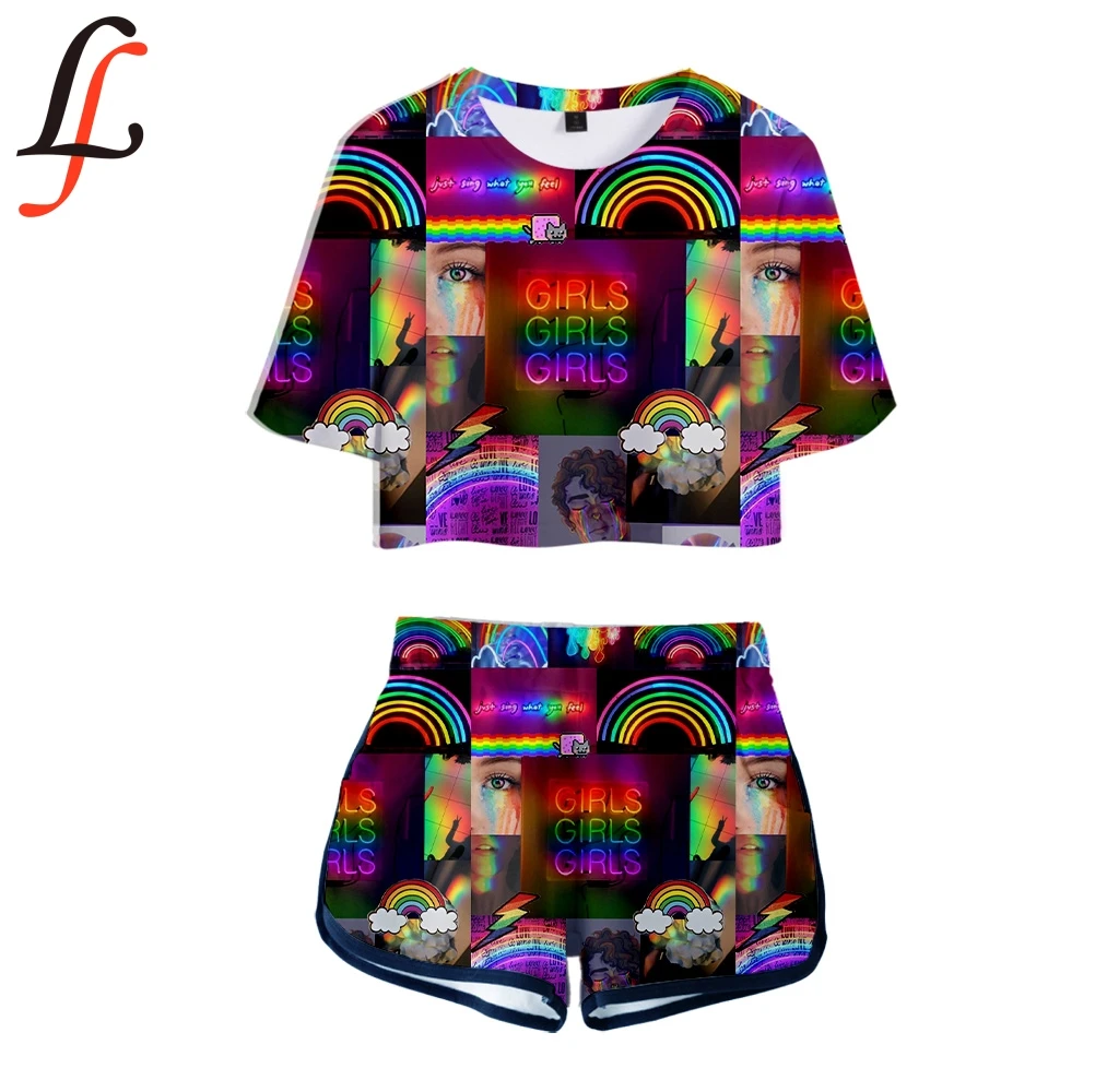 

Hip Hop Comfortable LGBT 3D Print Two Piece Set Wo Sexy Shorts+lovely T-shirt Cute Dew navel Sport Girl suits