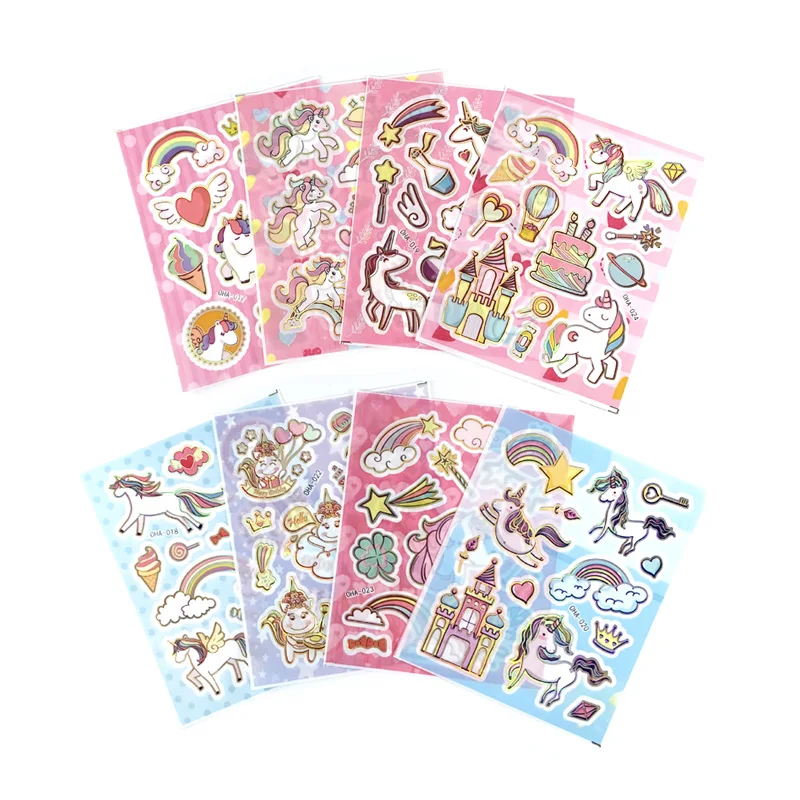 8 Sheets/Set Cartoon Kawaii Unicorn Hot Stamping Shiny PVC Transparent Stickers for Kids Scrapbook Handbook Decoration