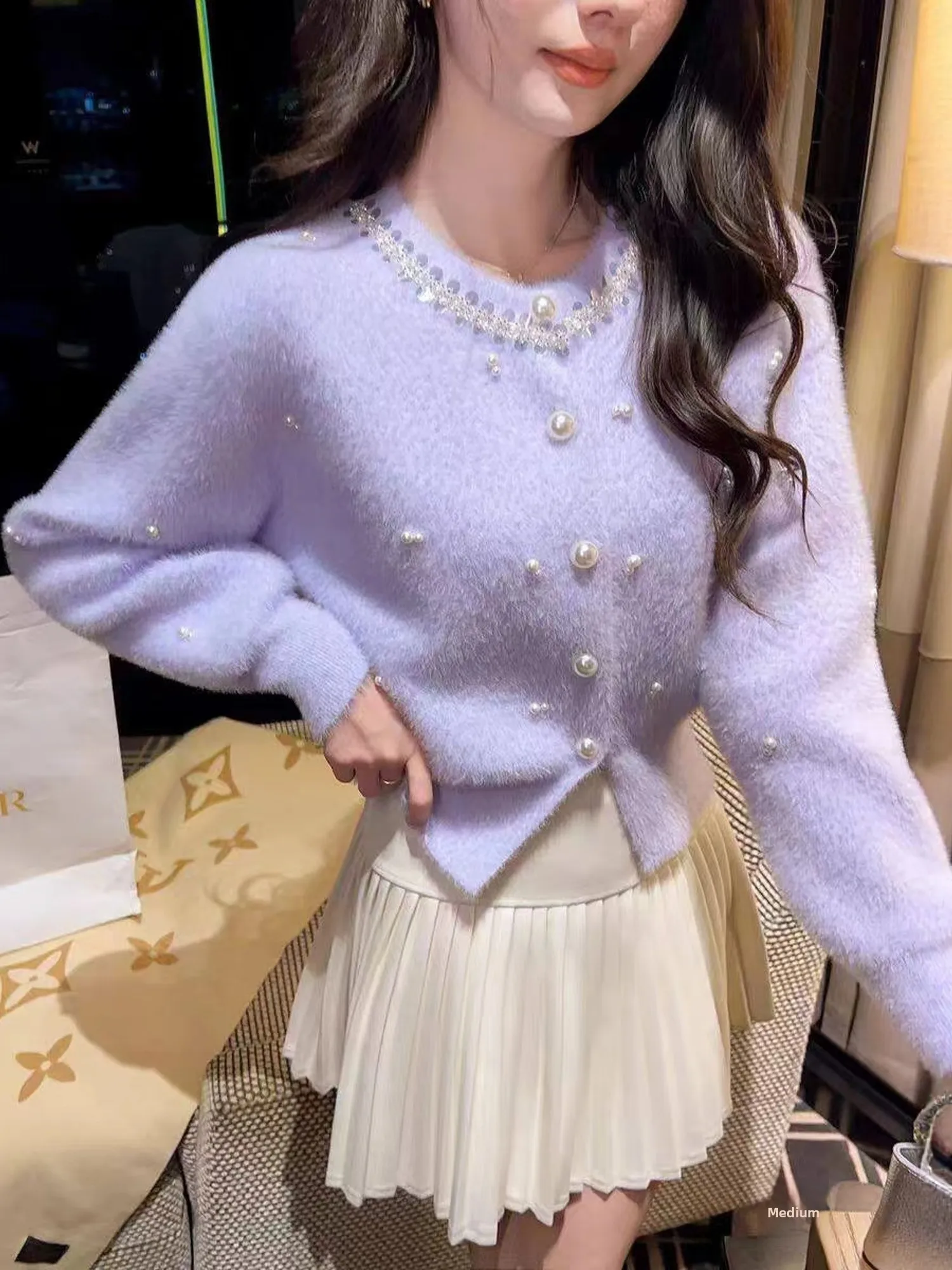 Korean Style Heavy Embellished round Neck Knitted Open Cardigan Women's Autumn Winter Versatile Fake Mink Sweater Coat