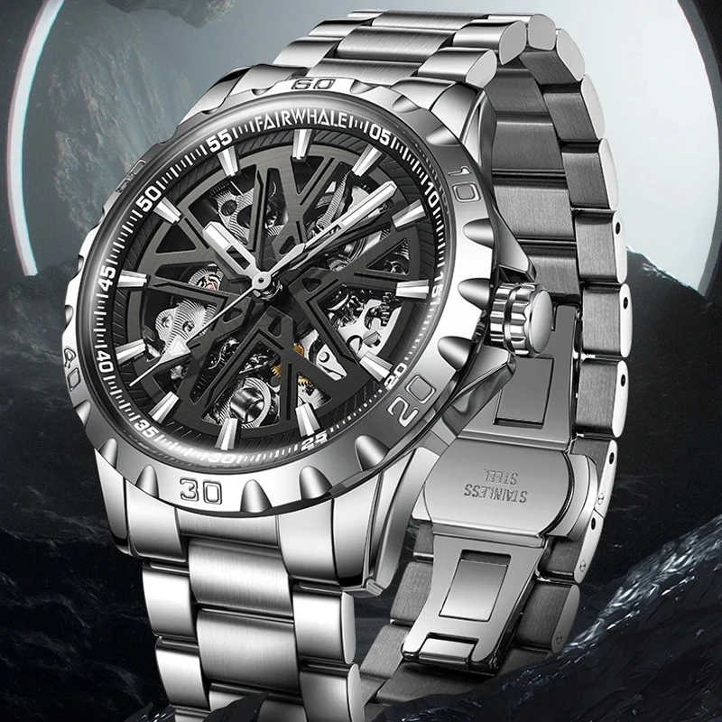 

Fairwhale Men's Luxury Skeleton Mechanical Watch Stainless Steel Waterproof Automatic Wristwatch Fashion Design