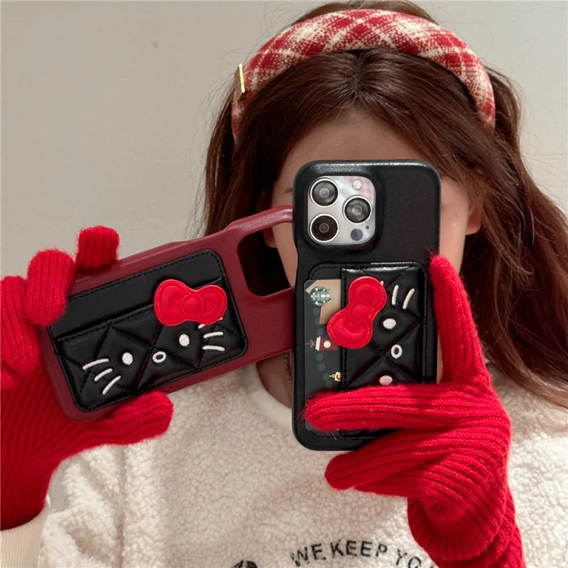 

Kitty Kitten Leather Card Holder Phone Case Compatible with Apple16/15PROCartoon solid color caseiPhone14/13