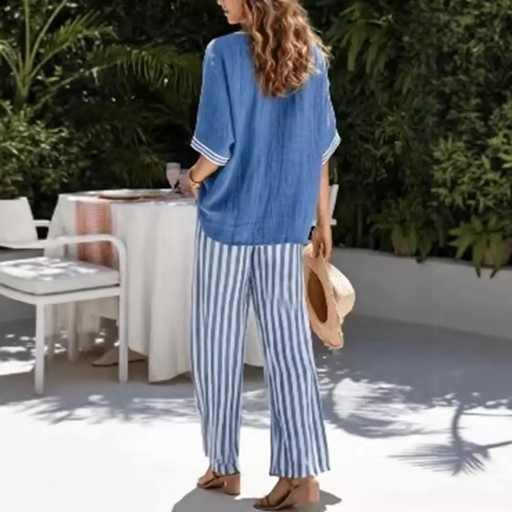 

Summer Two Piece Outfit for Women Striped Short Sleeve V Neck Top And Wide Leg Pants Set with Pockets Casual Vacation Lounge Set