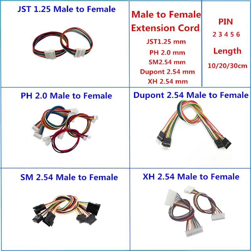 5pcs JST1.25 PH2.0 XH2.54 SM2.54 Dupont2.54 Extension Line Cable 2/3/4/6pin Male To Female Connector Extension Cord 10/20/30cm
