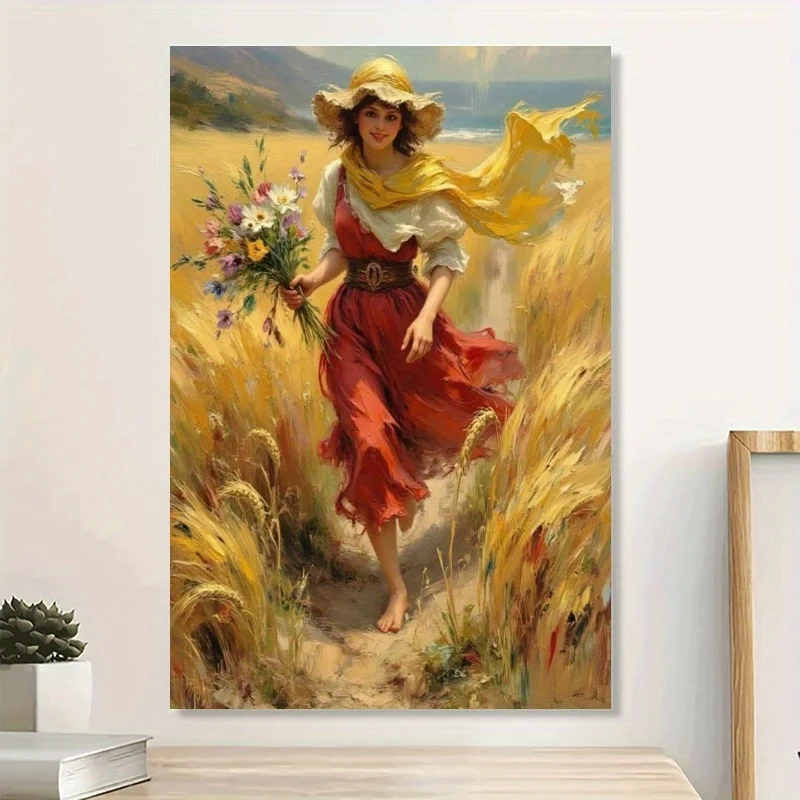 (No frame)2D Flat, 2D Flat, 1pc Canvas Wall Art, Elegant Woman in Red Dress And Yellow Shawl Canvas Wall Art - Realistic Fiel