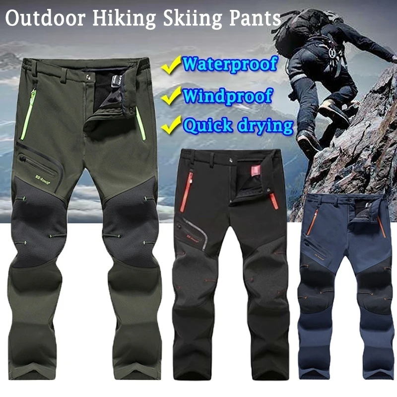 Men\'s Outdoor Waterproof Hiking Trousers Camping Climbing Fishing Skiing Trekking Softshell Fleece Warm Pants 3 Colors