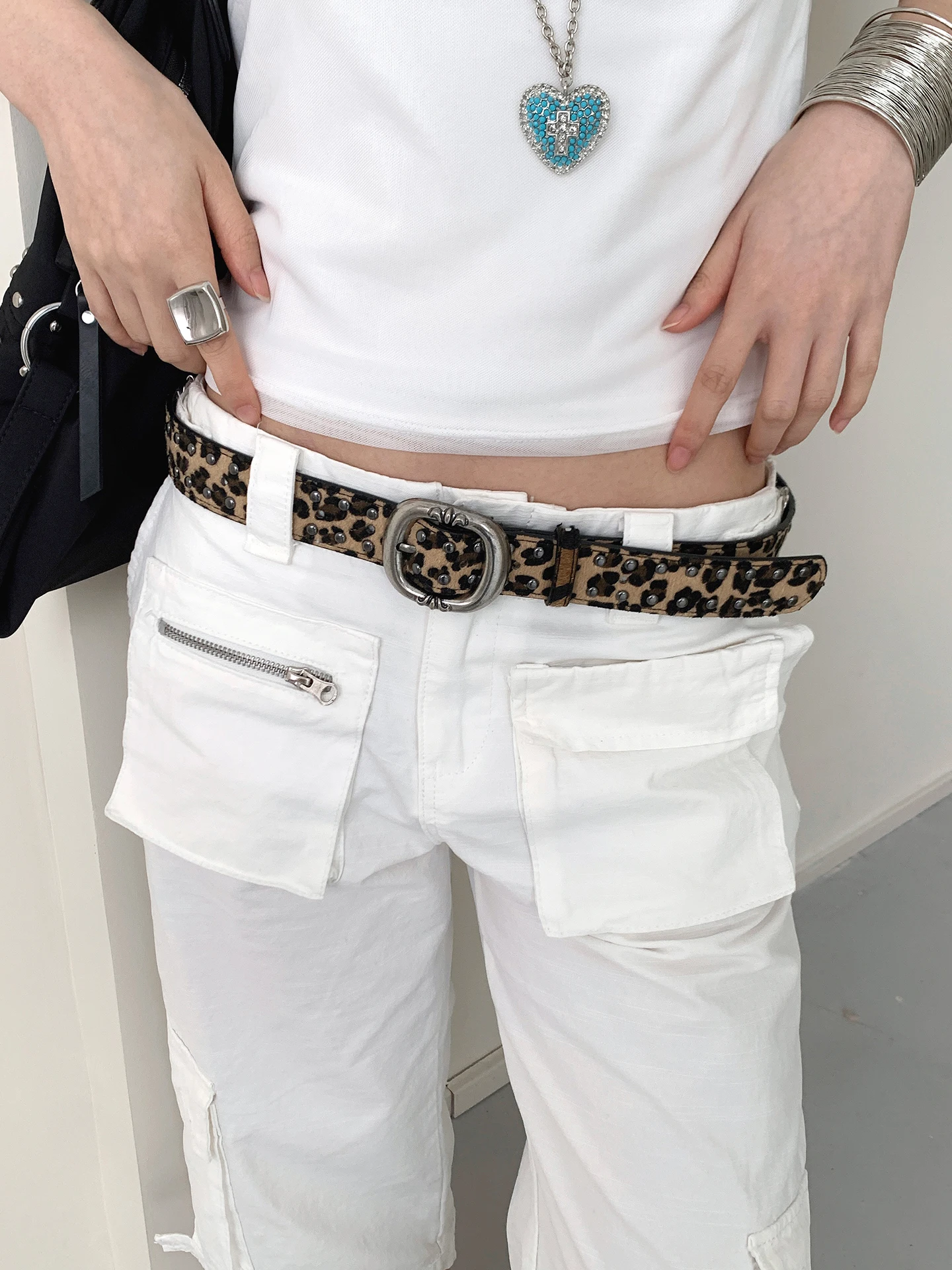 Niche American Y2K Leopard Print Studded Belt Women's Designer Vintage Suede Belt With Jeans Belt