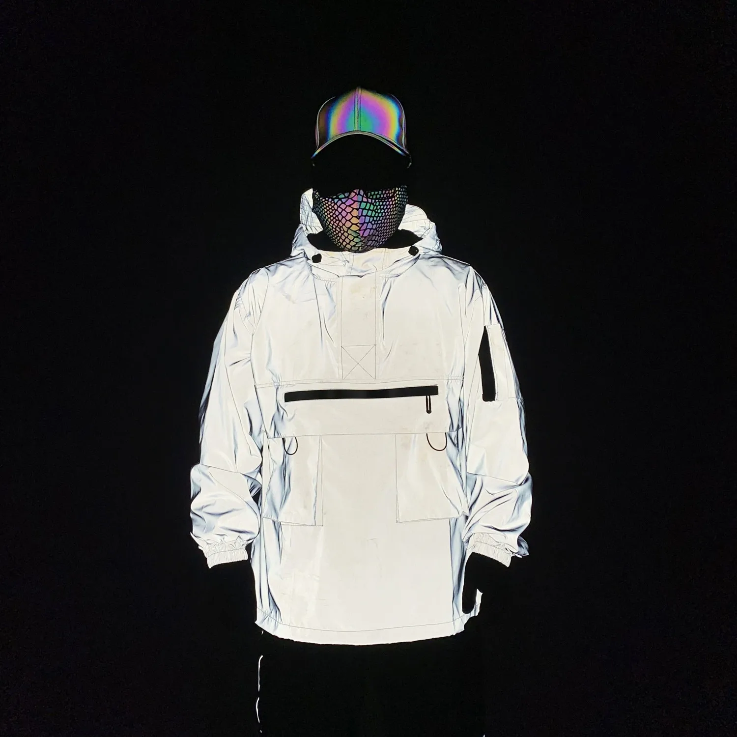 2023 Holographic Reflective Colorful Cargo Jacket Men\'s Half Zipper Hooded Pullover Jacket Windbreaker Rainbow Coat