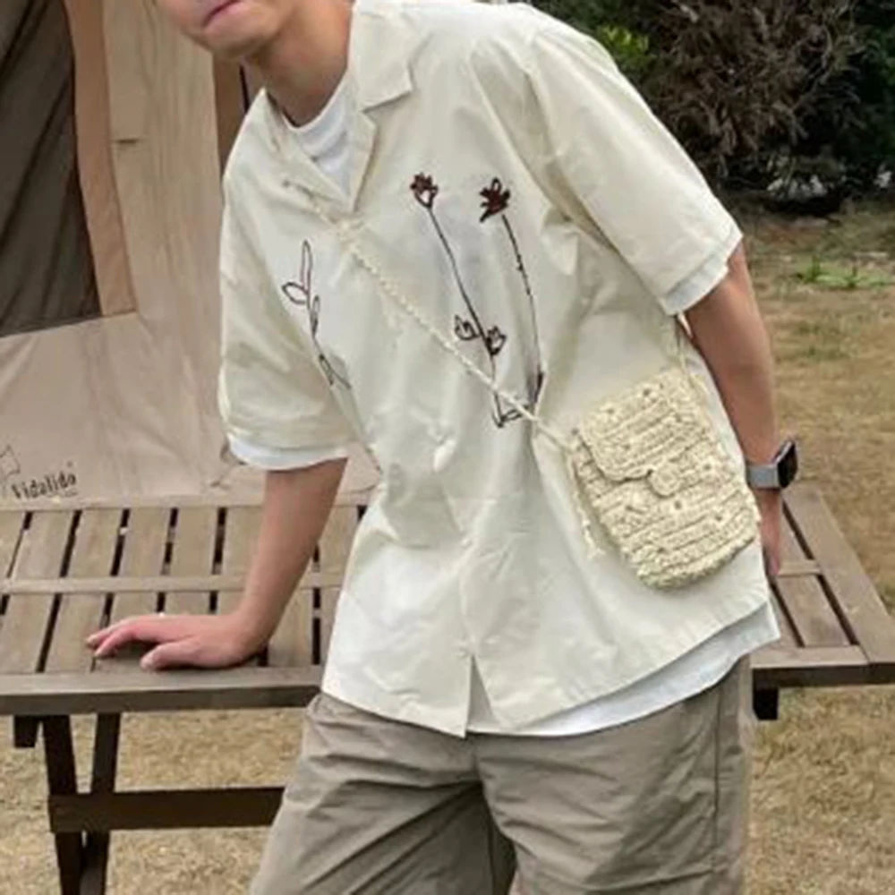 2024 New Summer Mens High Quality Flower Embroidered Short Sleeve Shirt Short Sleeve Fashion Elegant Genderless Retro Lapel Top