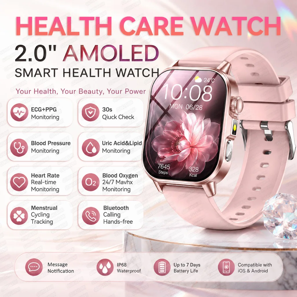 

2026 New Fashion Health Smartwatches Women 2.0-inch AMPLED ECG+PPG Uric Acid Lipid BP Heart rate Tracker Sports Smart Watch IOS