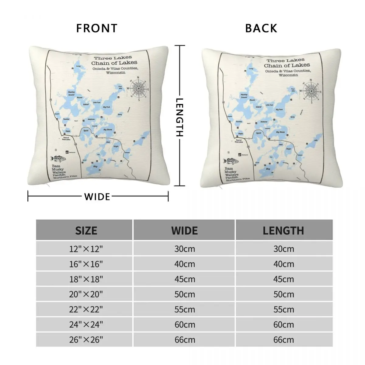 Three Lake Chain Onieda And Vilas Square Pillowcase Polyester Linen Velvet Printed Zip Decor Pillow Case Car Cushion Cover