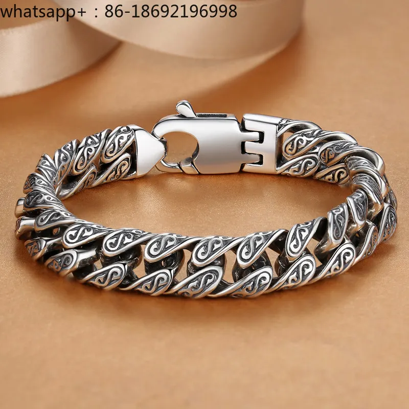 Men's Silver Bracelet Arabesque Retro Wide Version Domineering Coarse National Trend Men's Versatile Silver Bracelet