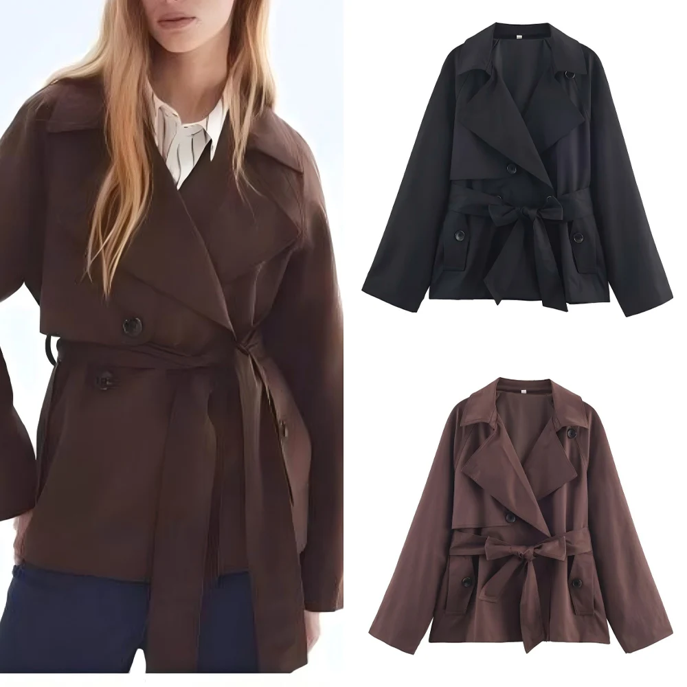 

Новая женская мода с поясом, повседневная двубортная короткая ветровка, пальто в стиле ретро с длинными рукавами и карманами, женское пальто, шикарный топ