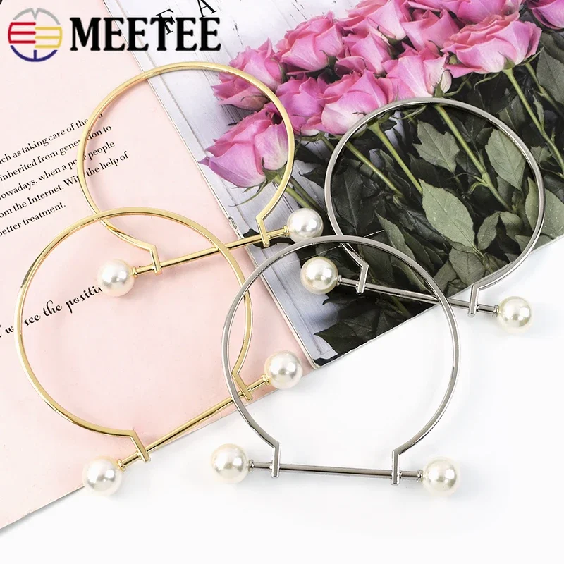 Meetee 2Pcs O D Ring Metal Handles Pearl Decoration 9.5cm Circle Buckle for Handbag Rings Hook Leather Crafts DIY Accessories