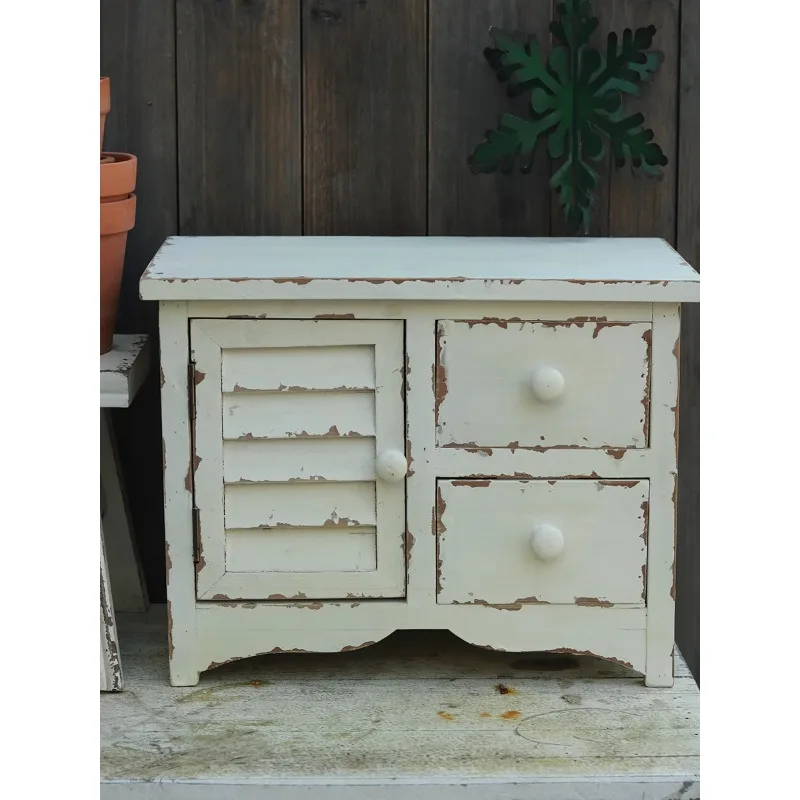 

Retro style white and old multi-drawer small chest storage cabinet, wooden home sundries desktop storage cabinet