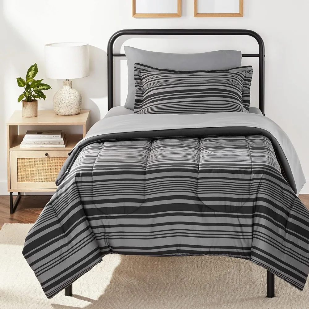 

Amazon Basics 5-Piece Lightweight Microfiber Comforter Set with Sheets ,Bed-in-a-Bag Sheets, Gray Calvin Striped Bedding, Twin/T