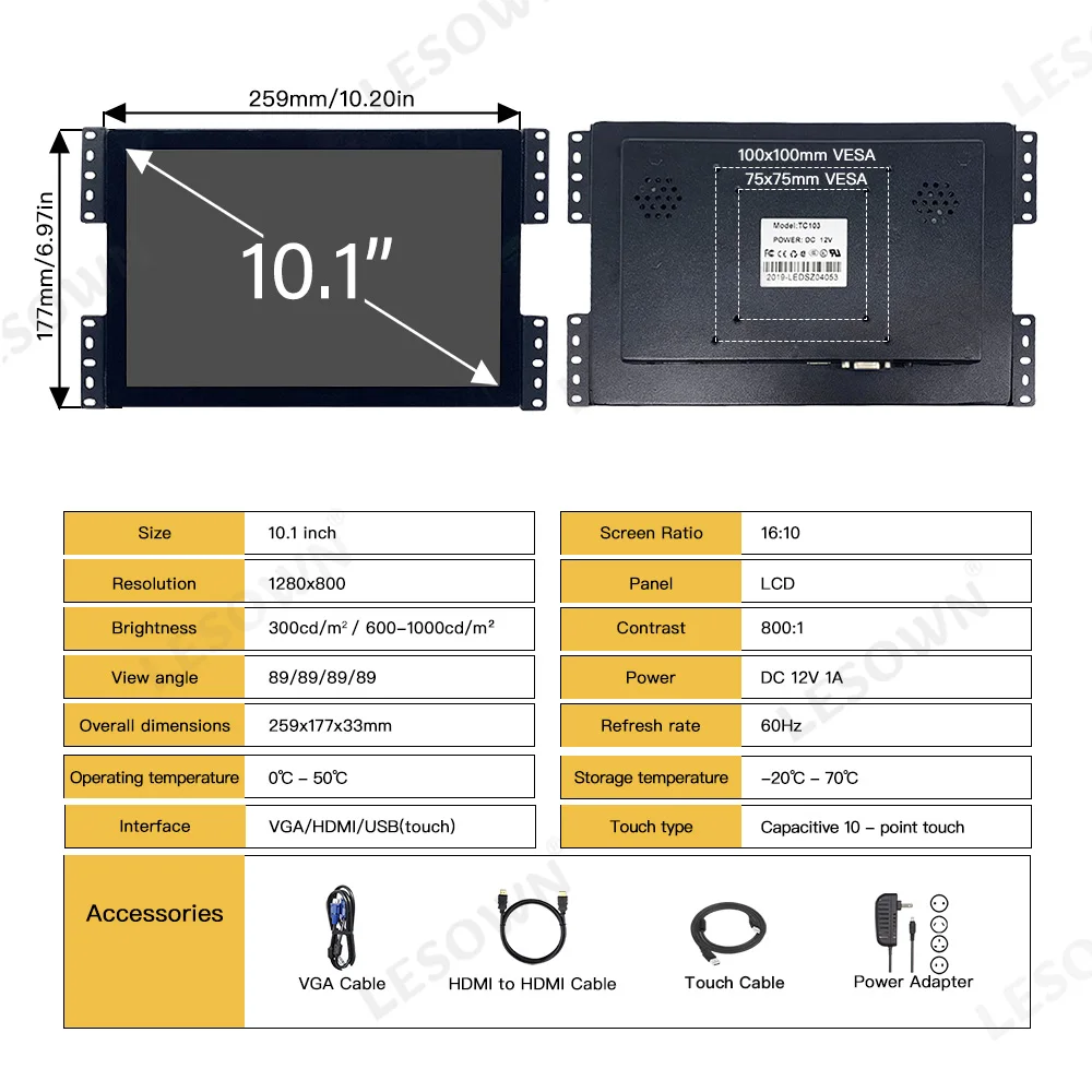 شاشة LESOWN مدمجة 10.1 بوصة 300cd/m2 / 600-1000cd/m2 1280x800 IPS تعمل باللمس بالسعة Win-10 شاشة كمبيوتر مع VGA/HDMI/USB (لمس)