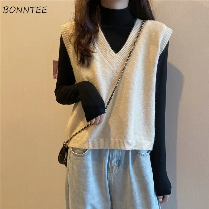 

Solid Vests Women Loose Sweater Knitted Korean Style All-match V-neck Popular Students Sleeveless Simple Autumn New High Street