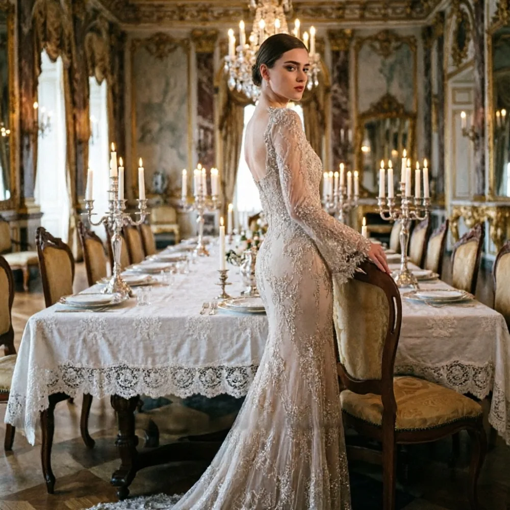 Customized Vintage High Neck Sheer Long Sleeve Lace Bridal Gown Hand Embellished Mermaid Wedding Dress Custom Color Available
